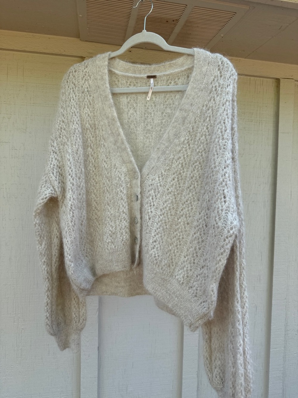 Free People Cream Open-Weave V-Neck Button Cardigan
